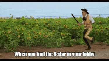 a man is running through a field of sunflowers with the words " when you find the 6 star in your lobby "