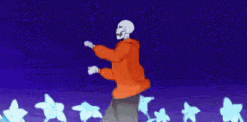 a group of skeletons are standing next to each other in a dark room .