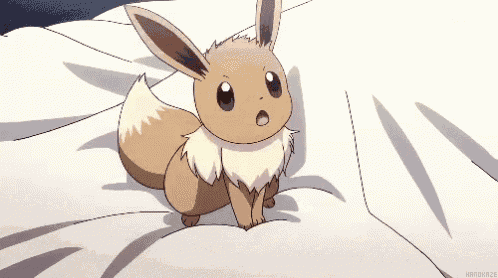 a cartoon eevee is yawning on a bed with its mouth open