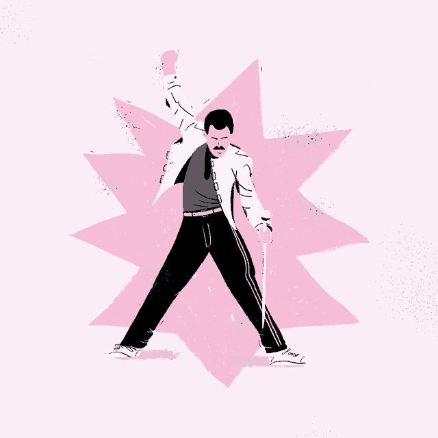 a drawing of a man with a mustache holding a microphone