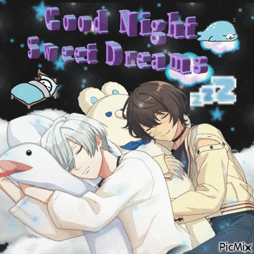 a picture of two anime characters sleeping with the words good night sweet dreams written in the background