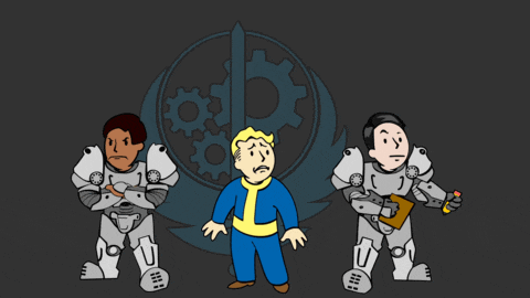 a cartoon of vault boy standing between two soldiers with gears in the background
