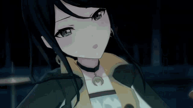 a girl with long black hair is wearing a choker and a crescent moon necklace .