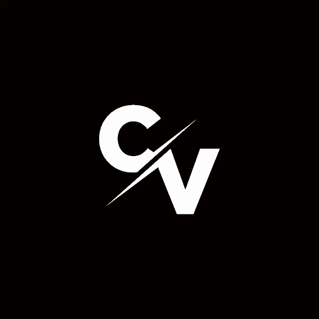 a white letter cv with a slash in the middle on a black background .