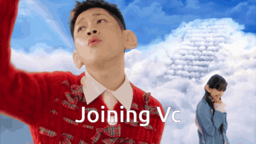 a boy in a red sweater is standing in the clouds with the words joining vc below him