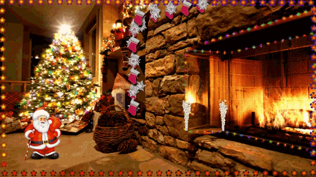 santa claus is standing in front of a fireplace and a christmas tree