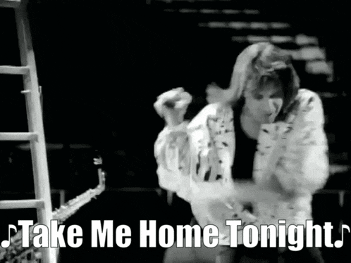 a black and white photo of a woman dancing and the words take me home tonight