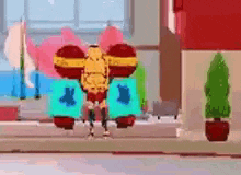 a robot is flying through the air in a video game .