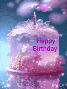 a pink birthday cake with flowers and a candle on it