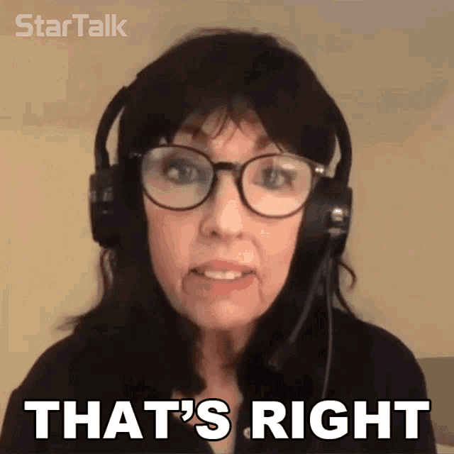 a woman wearing glasses and headphones says " that 's right "