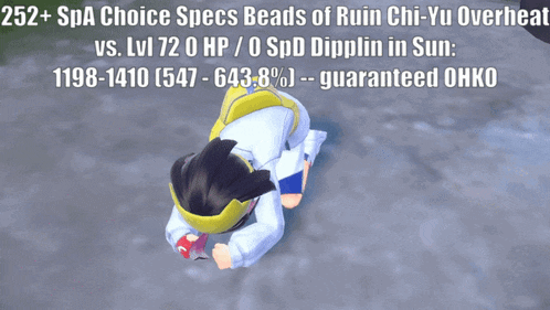 a video game character is laying on the ground with the words 252 spa choice specs beads of ruin chi-yu overheat at the top