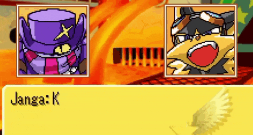 a cartoon character with a purple hat is talking to another character with a yellow wing .
