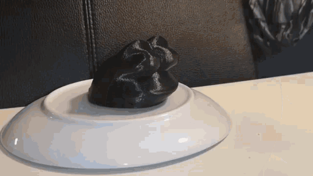 a black object is sitting on a white plate on a table