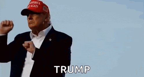 donald trump is wearing a red hat and making a fist gesture .