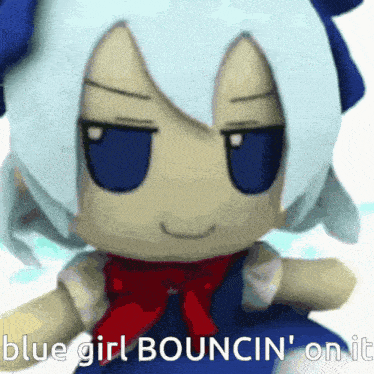 a stuffed doll with the words blue girl bouncin ' on it written below it
