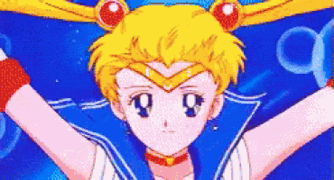 a close up of a sailor moon anime character with her arms outstretched .