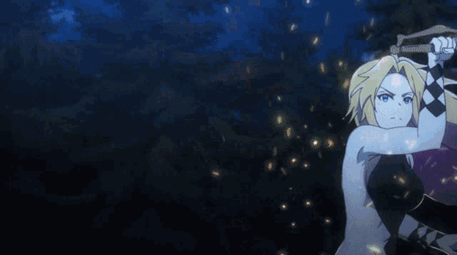 a girl with long blonde hair is holding a sword in her hand