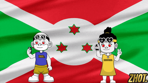 a boy and a girl are standing in front of a flag and the girl is wearing a shirt that says zhot