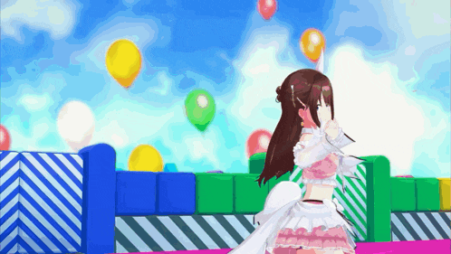 a girl in a white dress stands in front of balloons flying in the sky