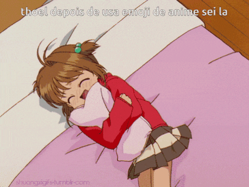 a cartoon of a girl laying on a bed with the words thoel depois de usa emoji de anime sei la above her