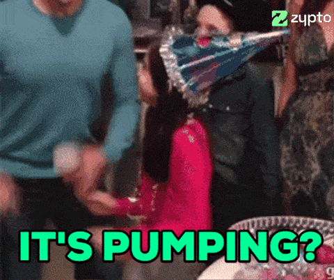 a woman blowing a party horn with the words " it 's pumping " on the bottom