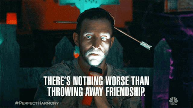 a man with an arrow in his head has a caption that says there 's nothing worse than throwing away friendship