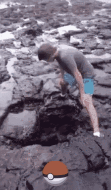 a man is standing on a rocky beach looking at a poke ball