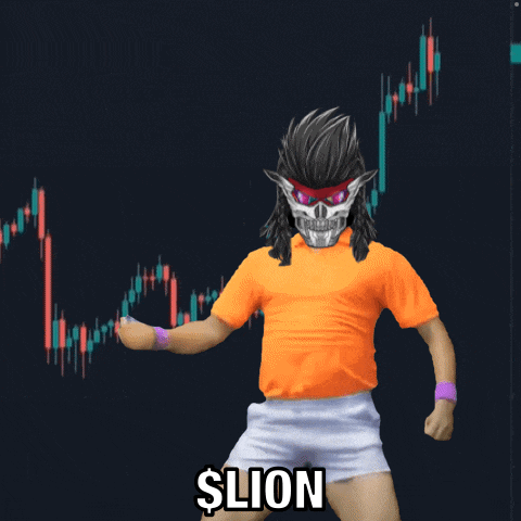 a man with a skull on his head is standing in front of a stock chart and the word $ lion is on the bottom right