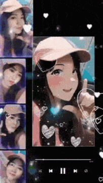 a girl wearing a baseball cap is surrounded by hearts and playing a video