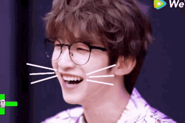 a young man wearing glasses and a purple shirt is smiling with a cat whiskers on his face .
