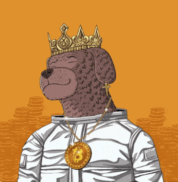 an illustration of a dog wearing a crown and a bitcoin pendant
