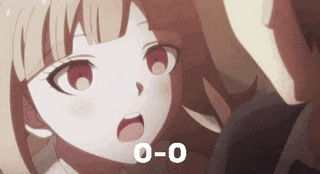 a girl with red eyes is looking at a man in a suit .