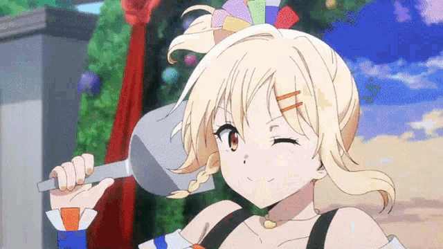 a girl with blonde hair is holding a hammer
