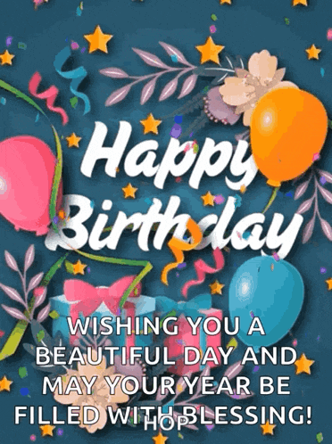 a happy birthday card with balloons and flowers on a blue background