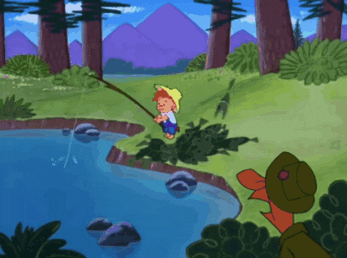a cartoon of a boy fishing in a pond with mountains in the background