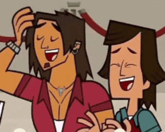 a couple of cartoon characters are laughing together and one of them has a headset on .