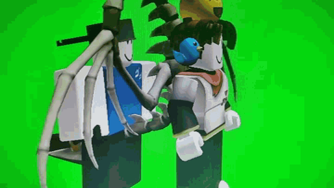 a green screen shows a cartoon character with a blue hat and a blue bird on his head