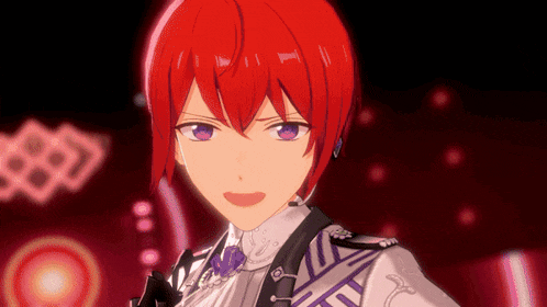 a cartoon character with red hair and purple eyes is standing in a dark room .