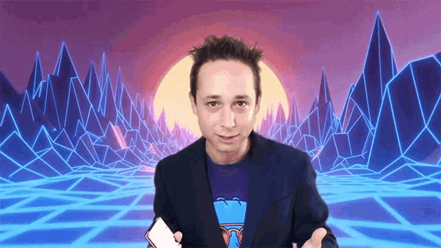 a man in a suit and a blue shirt is holding a card in front of a futuristic background .