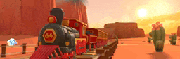 a train with the number 66 on the front is going through the desert .