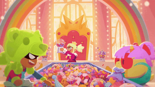 a cartoon drawing of a girl sitting on a throne surrounded by candy