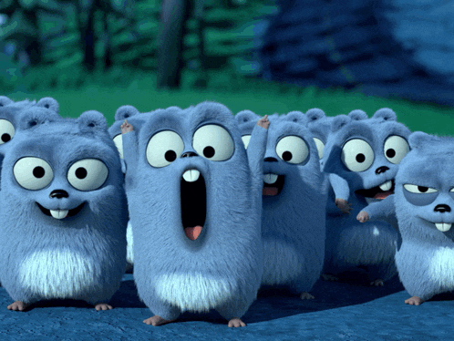 a group of cartoon gophers standing next to each other with their hands in the air