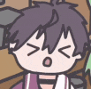 a close up of a cartoon character with purple hair and a striped shirt .