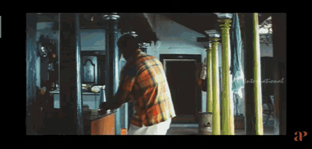a man in a plaid shirt is standing in a room with columns
