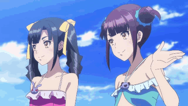 two anime girls are standing next to each other in front of a blue sky with clouds
