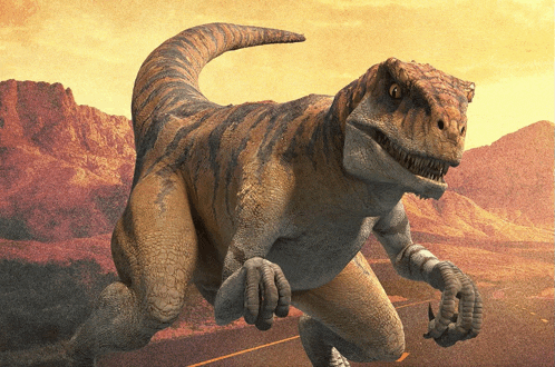 a dinosaur is walking down a road in the desert