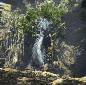 a tree with a feathered tail is surrounded by rocks and branches