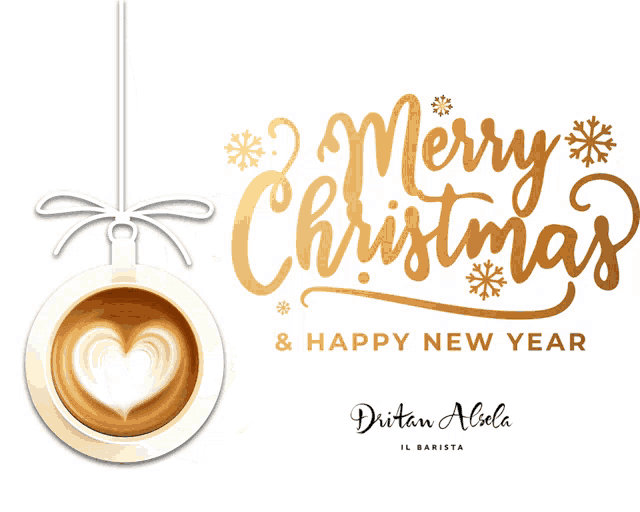 a merry christmas and happy new year sign with a cup of coffee