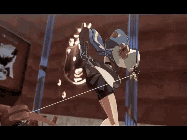 a woman in a video game is being pulled by a rope with a skull in the background