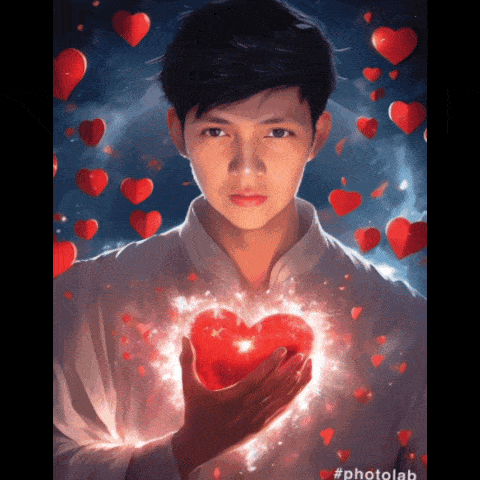 a painting of a man holding a heart with hearts surrounding him